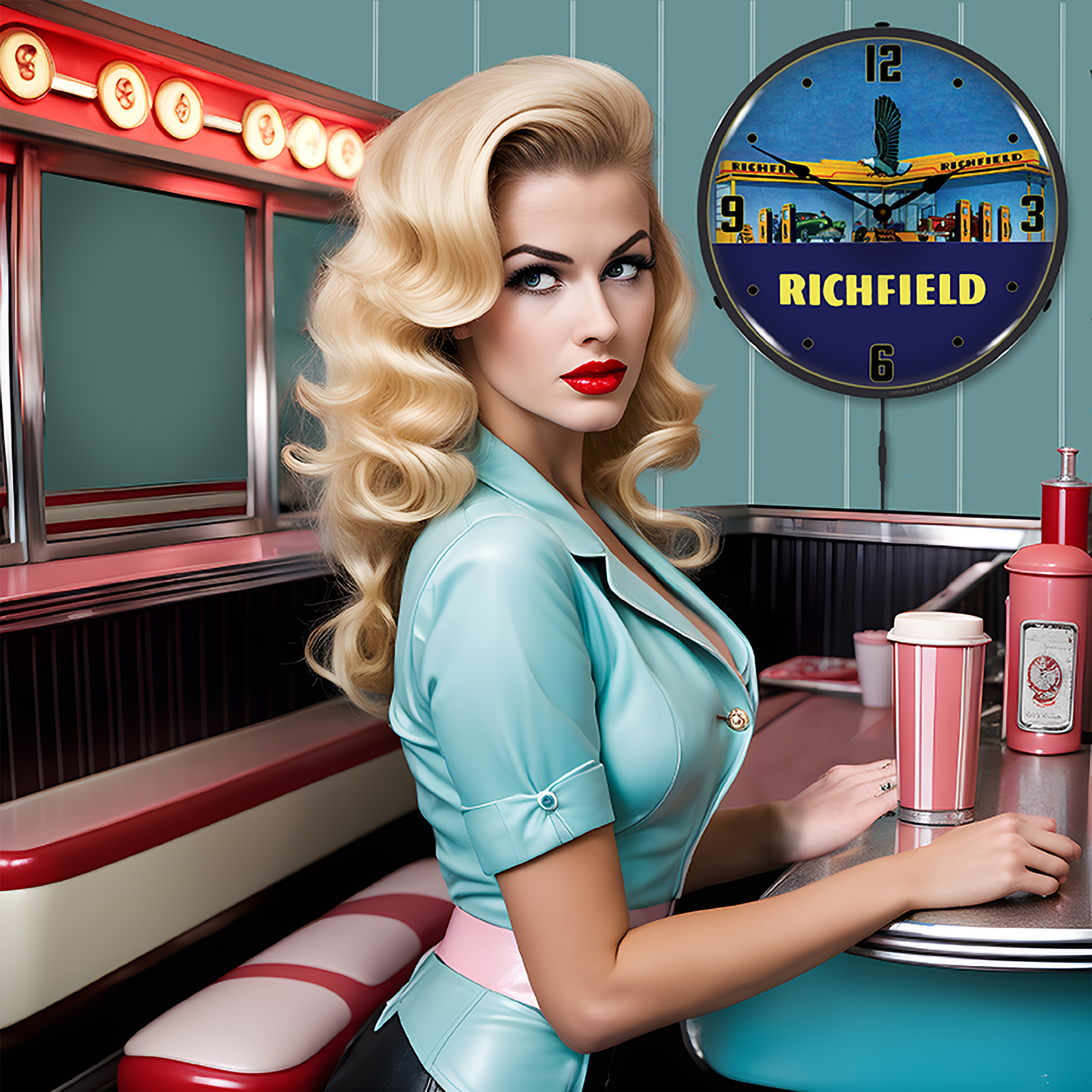 Richfield Station 1940s LED Wall Clock Illuminated not Neon 4 Richfield Station 1940s LED Wall Clock Illuminated not Neon - Image 4