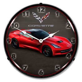 C7 Corvette in Red Front View LED Lighted Wall Clock